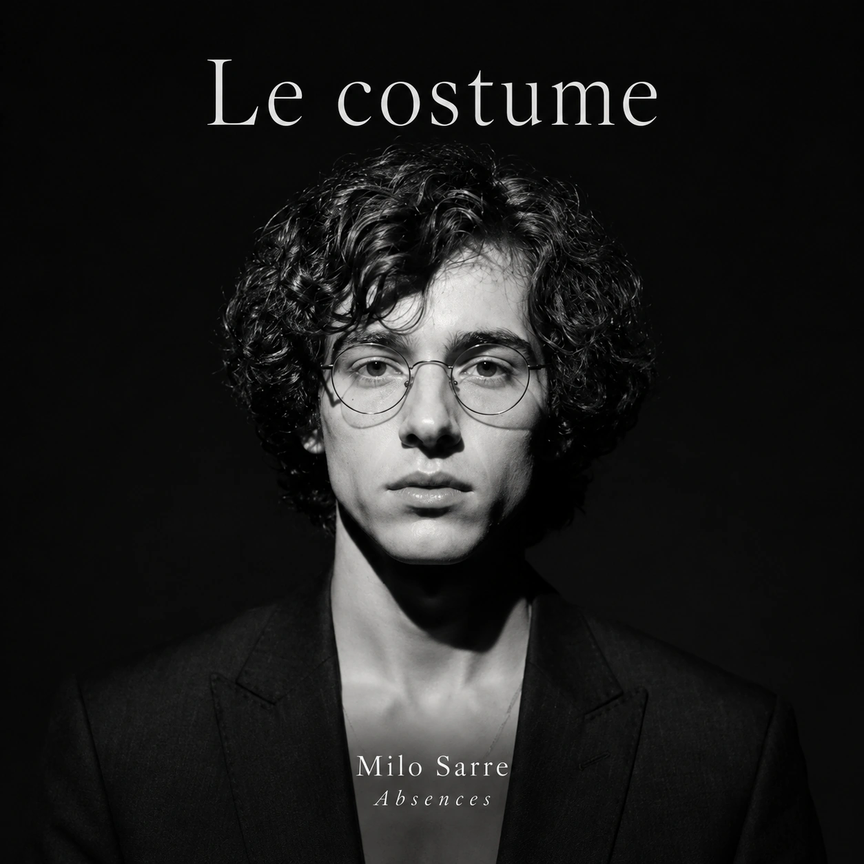 Portrait de Milo, lunettes rondes et veste sombre, sur fond noir.