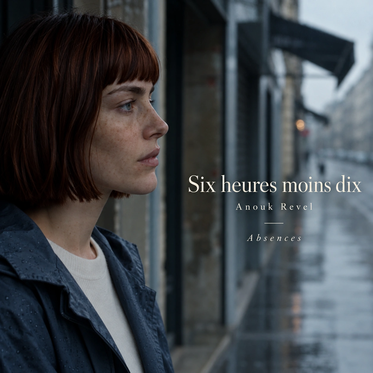 Anouk regarde une rue pluvieuse, le visage éclairé de profil.