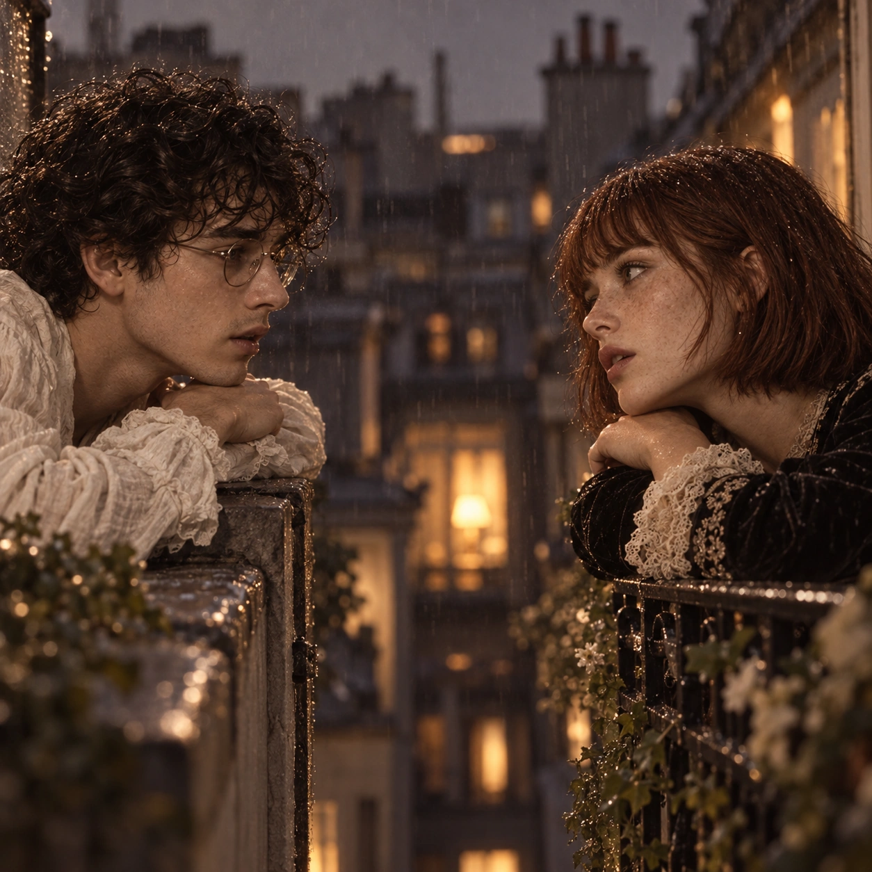 Milo et Anouk se regardent depuis deux balcons sous une pluie légère.