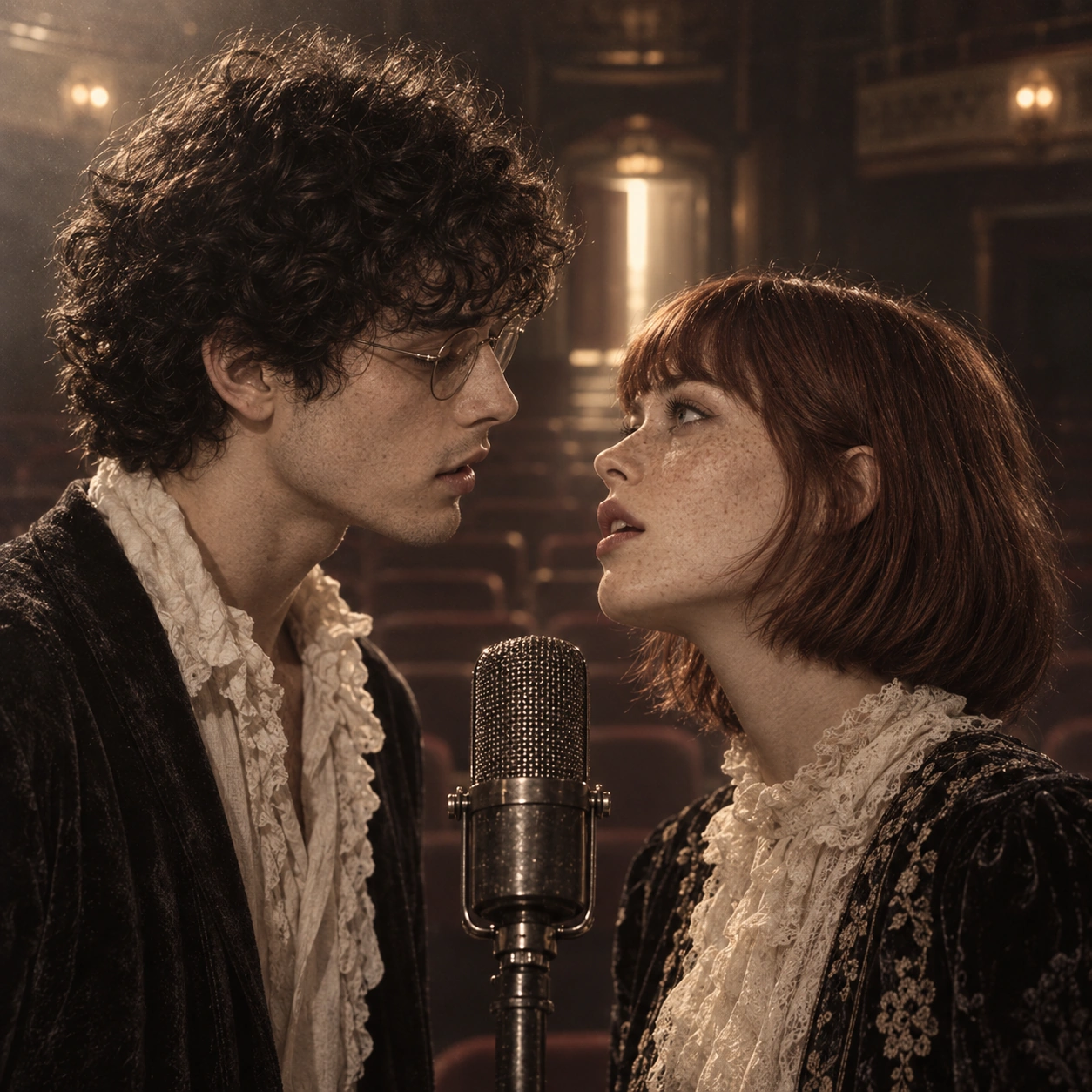 Milo et Anouk chantent face à face, près d’un microphone dans un théâtre.