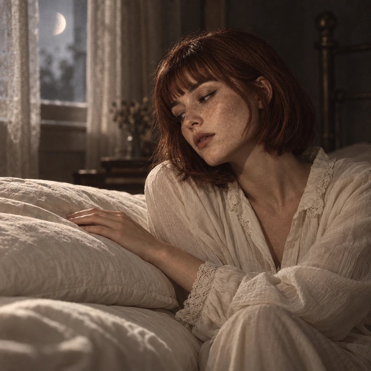 Anouk pose la main sur un oreiller vide, près d’une fenêtre au clair de lune.