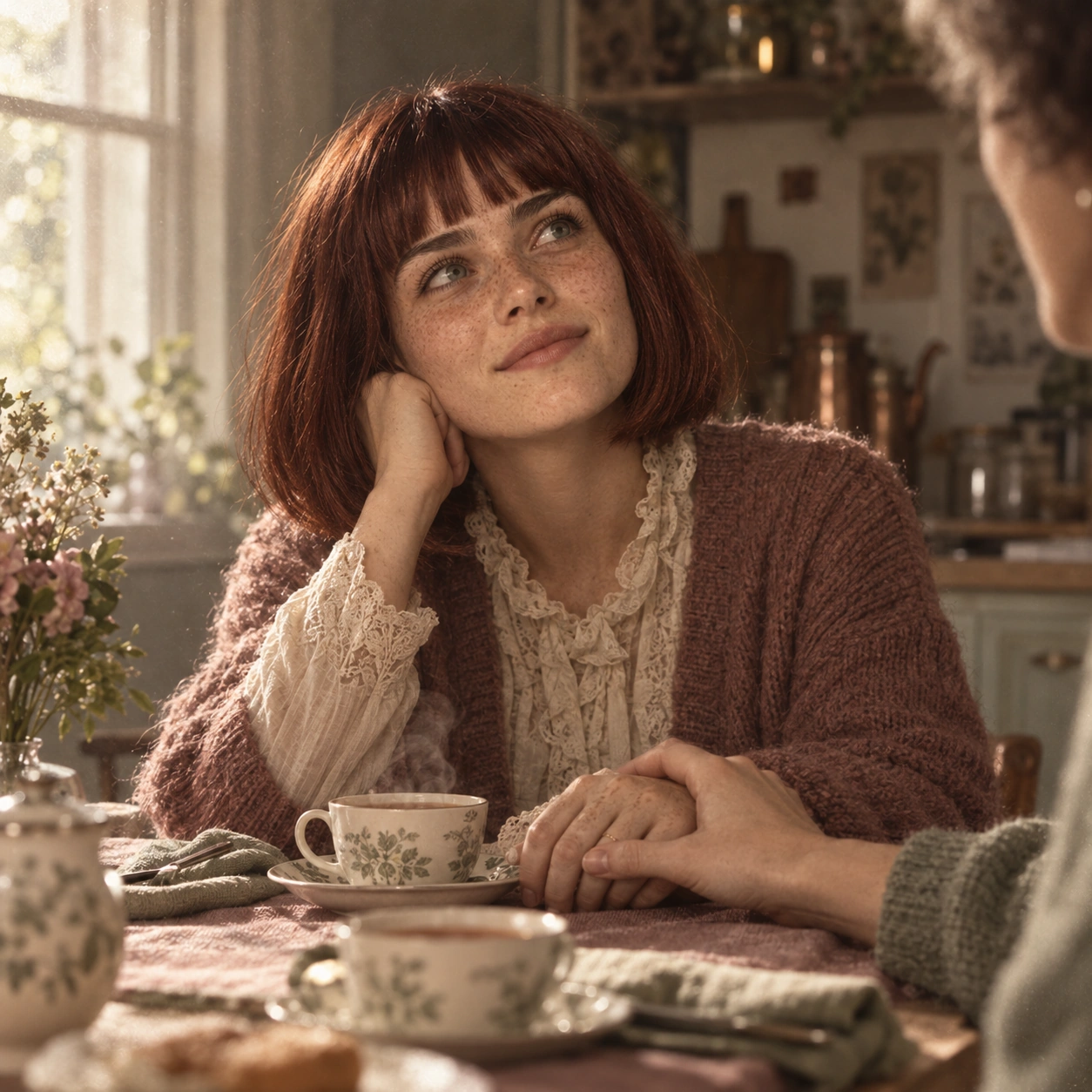 Anouk sourit à une table de cuisine, sa main tenue par celle de Léa.