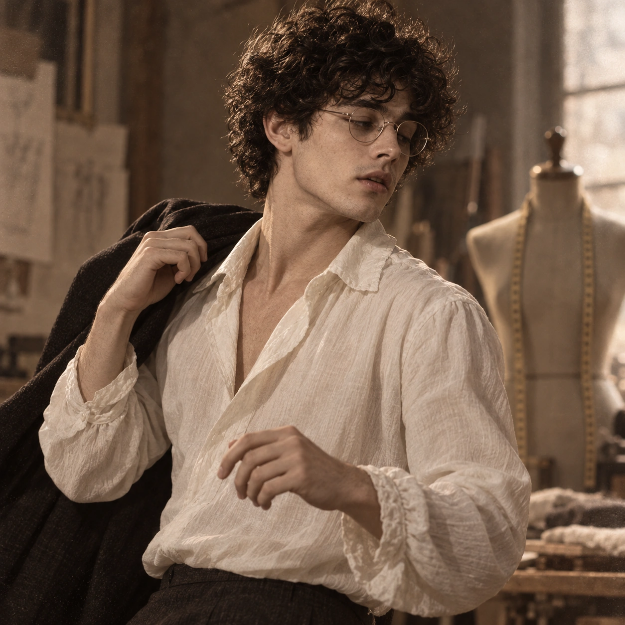 Milo dans un atelier de tailleur, une veste sur l’épaule et le geste libre.