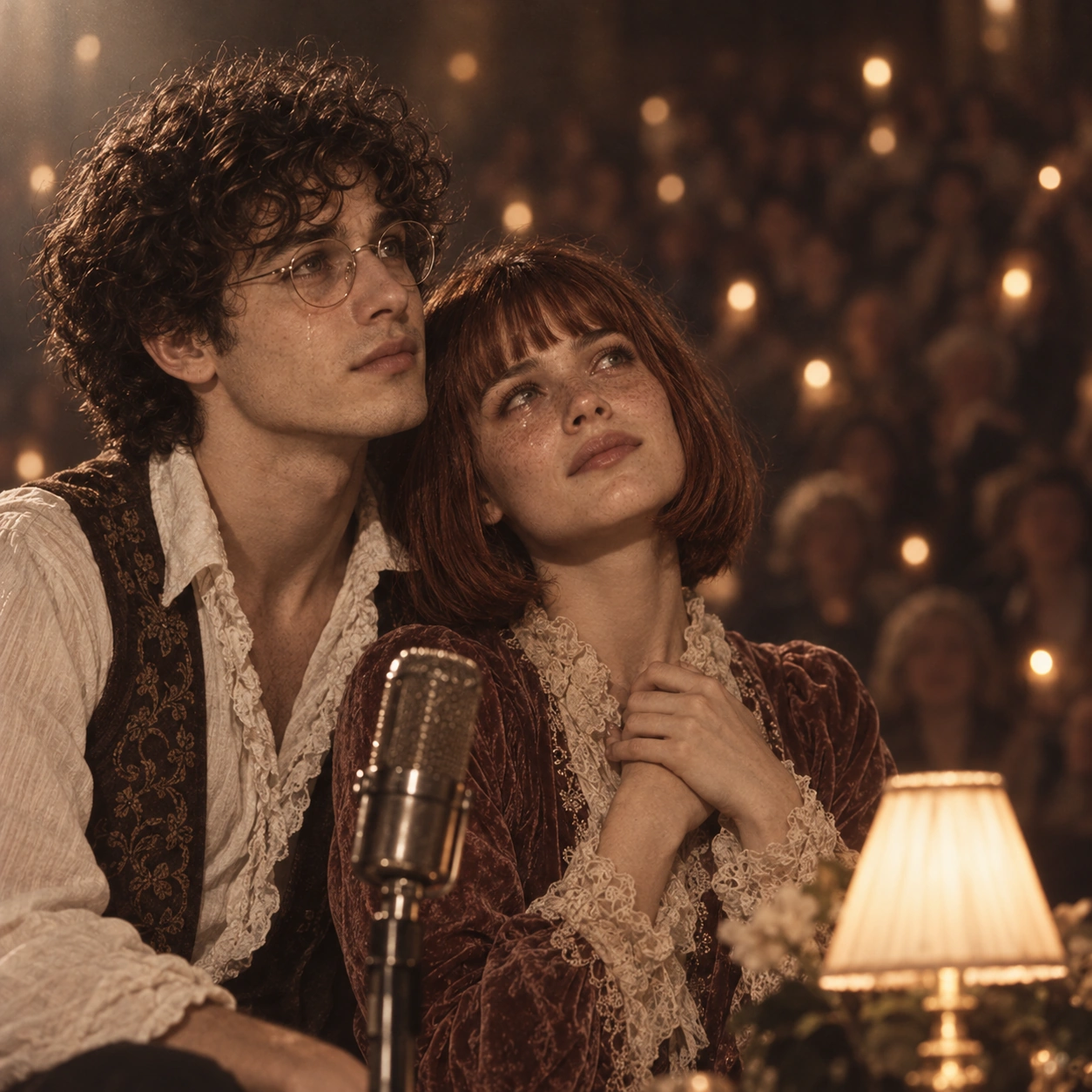 Milo et Anouk écoutent le public dans un théâtre, auprès d’une lampe allumée.