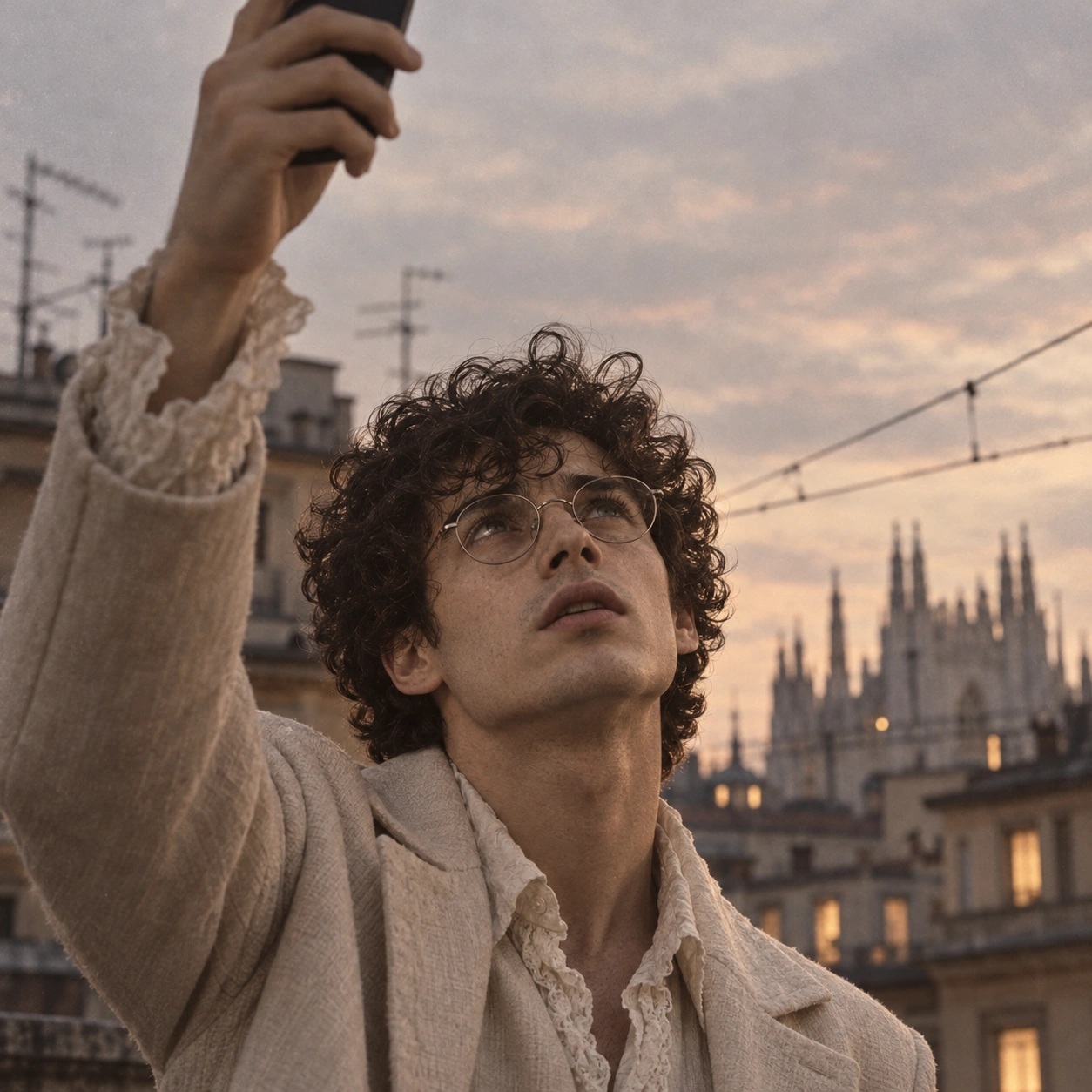 Milo lève un téléphone vers le ciel, au-dessus des toits de Milan.
