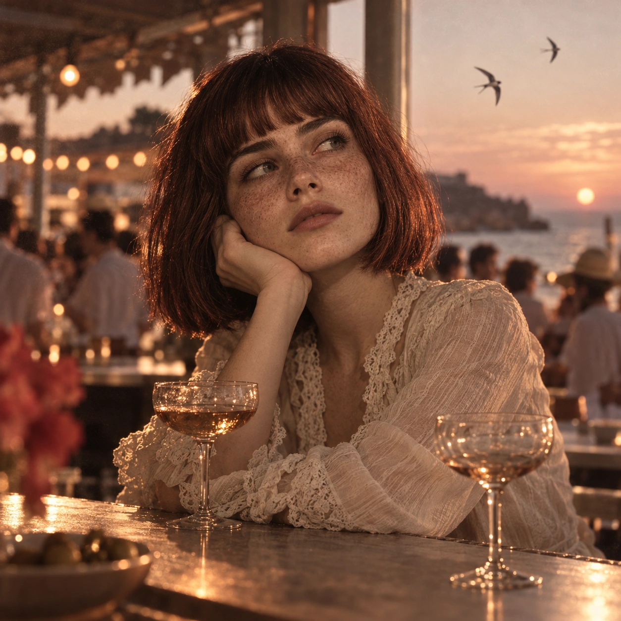 Anouk dans un bar en bord de mer, devant deux verres dont l’un reste intact.