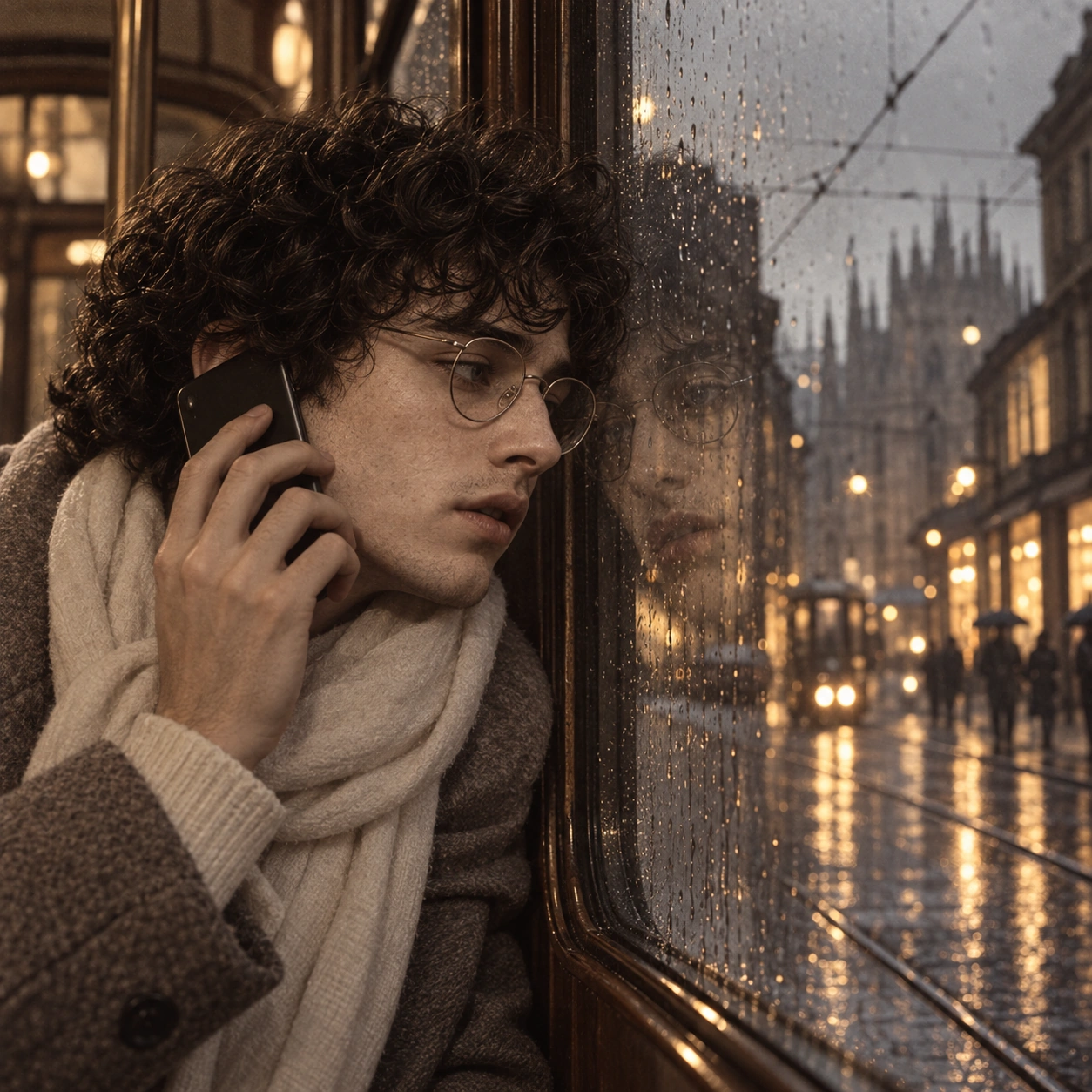 Milo contre la vitre pluvieuse d’un tram milanais, tenant un téléphone.