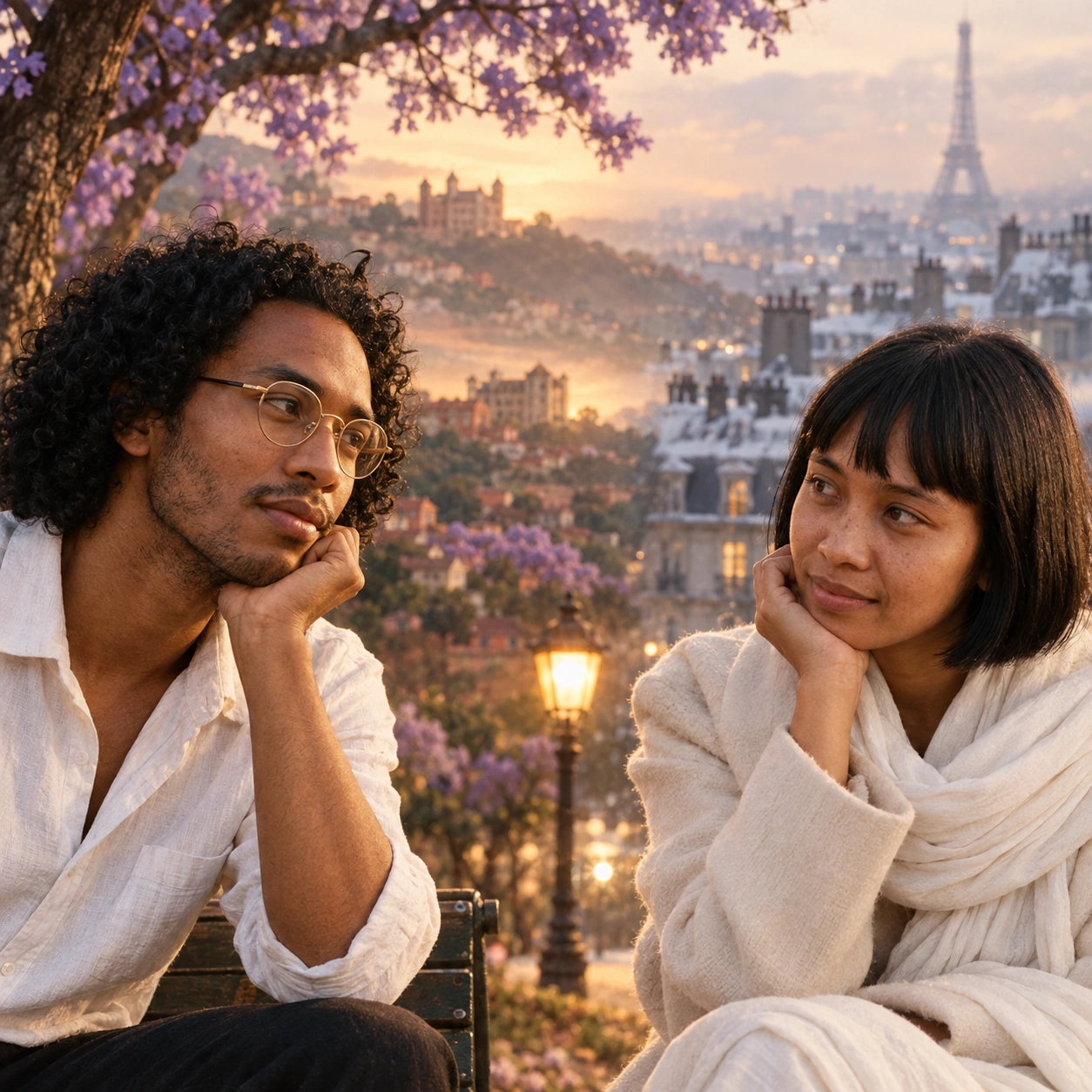 Le duo malgache séparé par une lumière douce, entre jacarandas de Tana et toits enneigés de Paris.