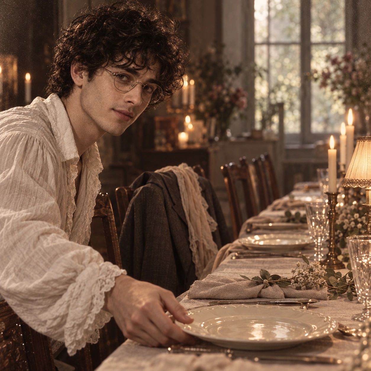 Milo prépare une assiette à une longue table entourée de chaises vides.