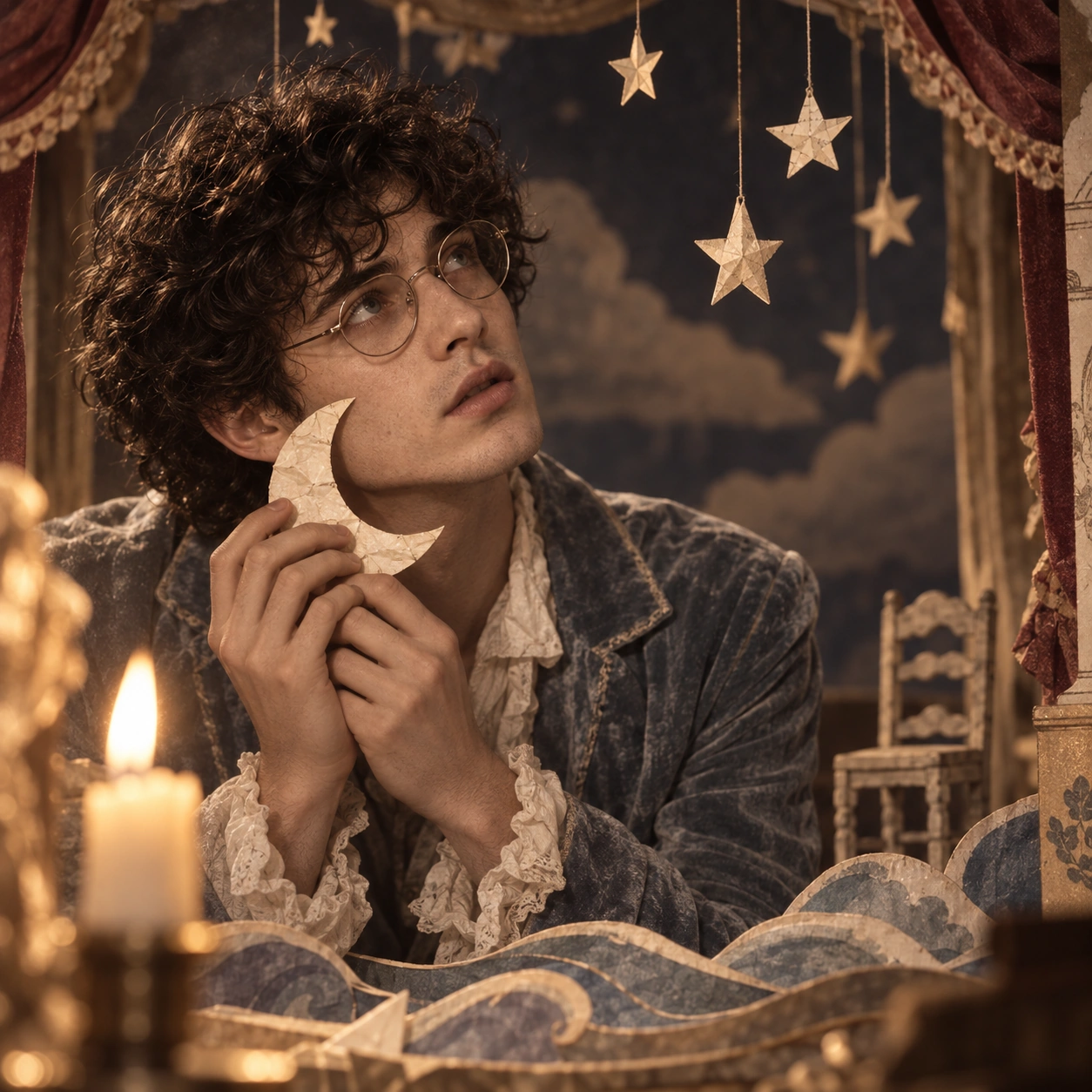 Milo tient une lune de papier près de sa joue, au milieu d’un petit théâtre de papier.