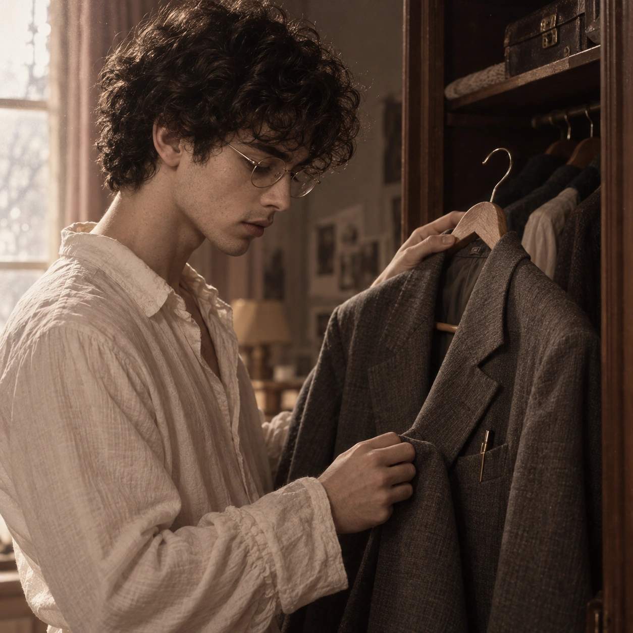 Milo contemple une veste grise trop grande dans une armoire ouverte.