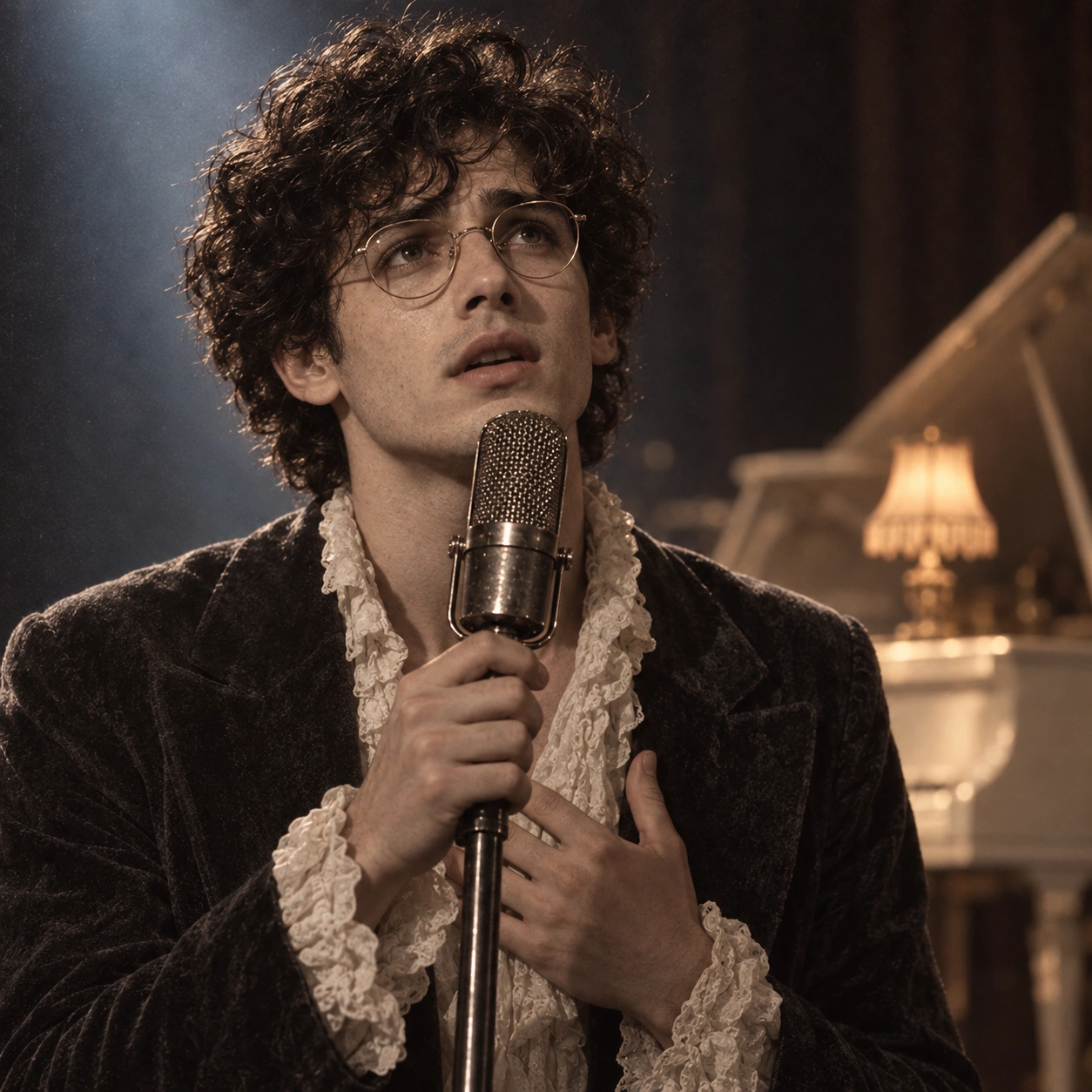 Milo chante seul sur scène, une main posée sur son cœur.