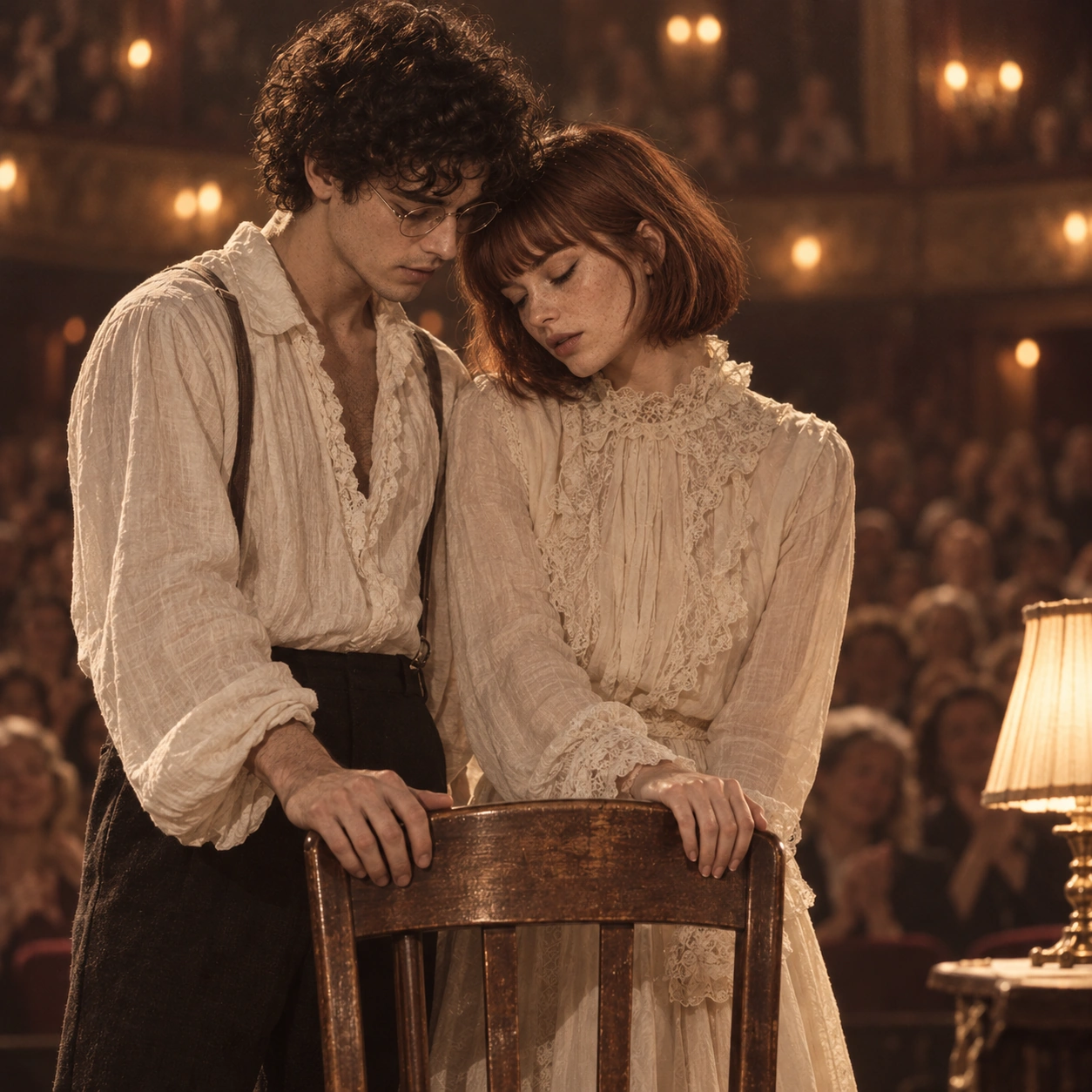 Milo et Anouk posent les mains sur une chaise vide devant le public du théâtre.